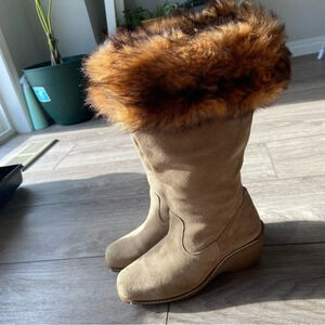 Maxine of Canada Genuine Fur Suede  Leather Square Toe Foldover Boots